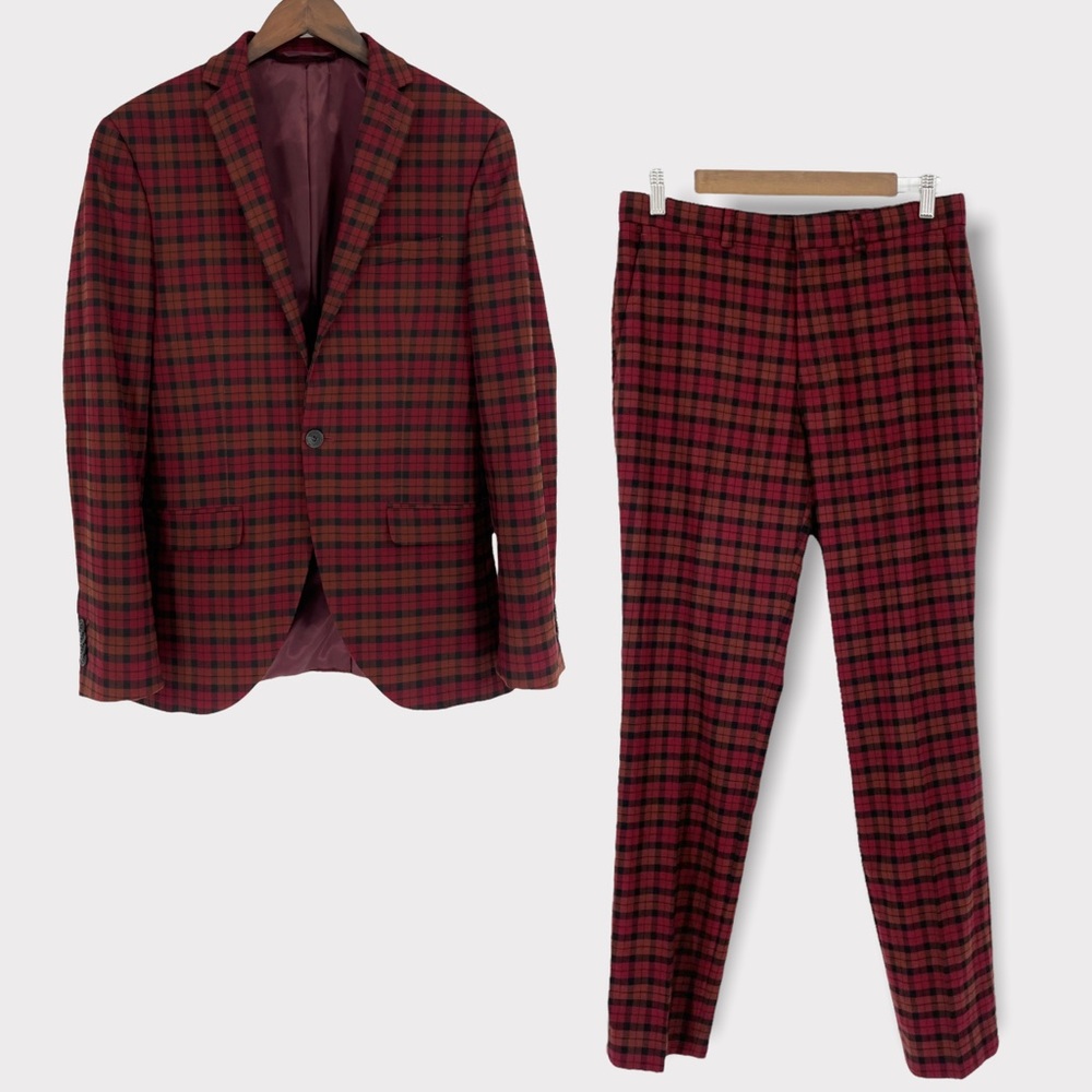 Topman Red and Orange Plaid Print 2 Piece Suit